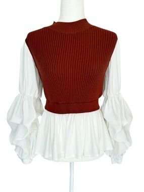English Factory Mixed Media Rust Cable Knit Sweater/Shirt Layered Puff Sleeve XS